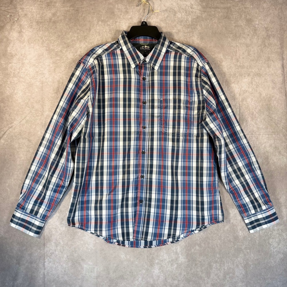 Pacific Outfitters Button Up Shirt Mens Large Blue Plaid Technical Long Sleeve